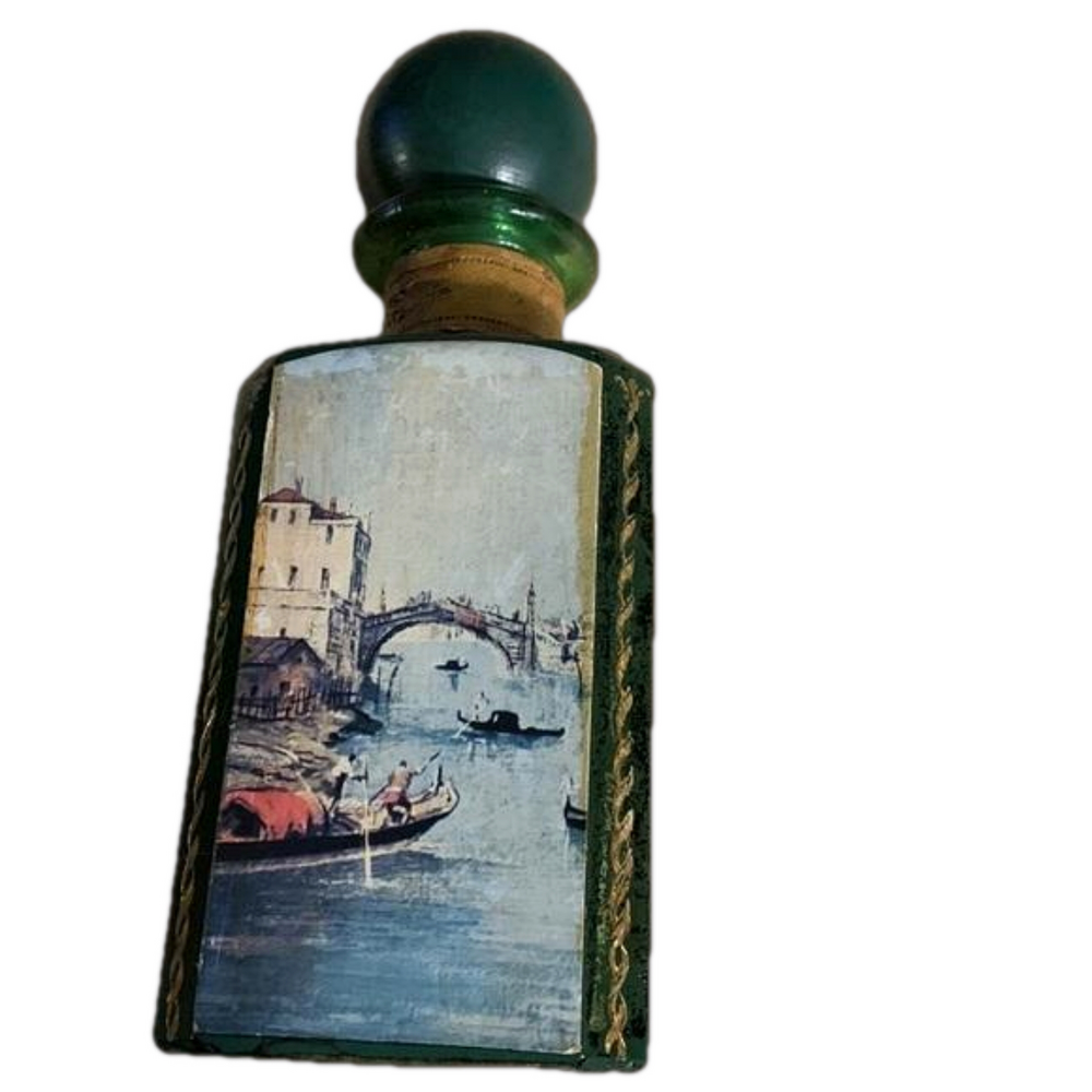 Old Italian liquor bottle round wood stopper scenes of venice leather